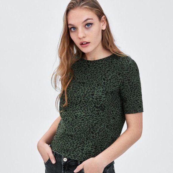 Zara Short Sleeve Top Green Leopard Print Small - Picture 1 of 8
